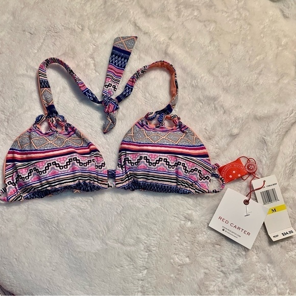 NWT Red Carter Bikini Top Medium Boho Geometric Pattern Nylon Spandex Padded New - Picture 9 of 15